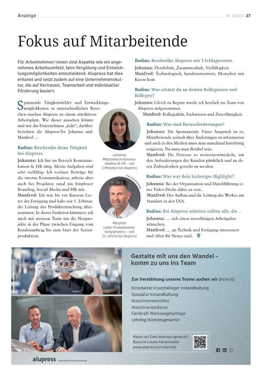 Artikel über Alupress im Radius zum Thema Top Jobs